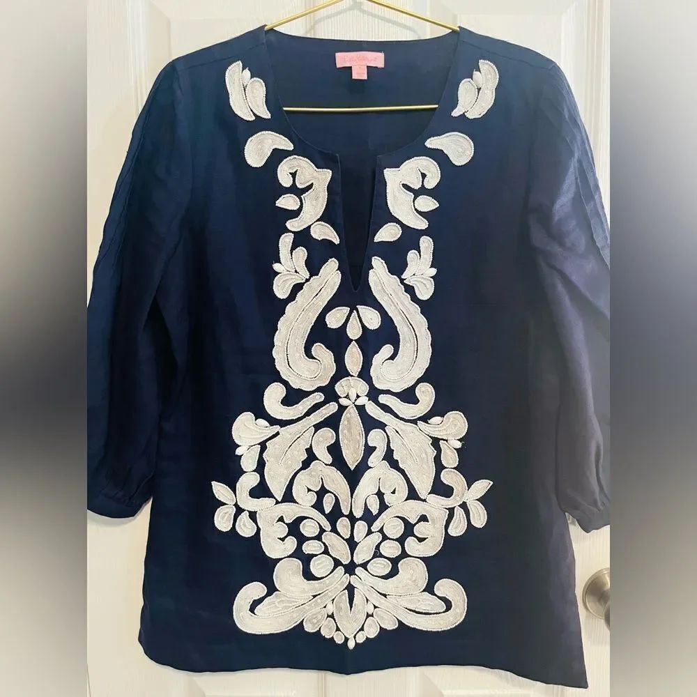 Lilly Pulitzer White and Navy Embroidered Mandarin Collar Blouse